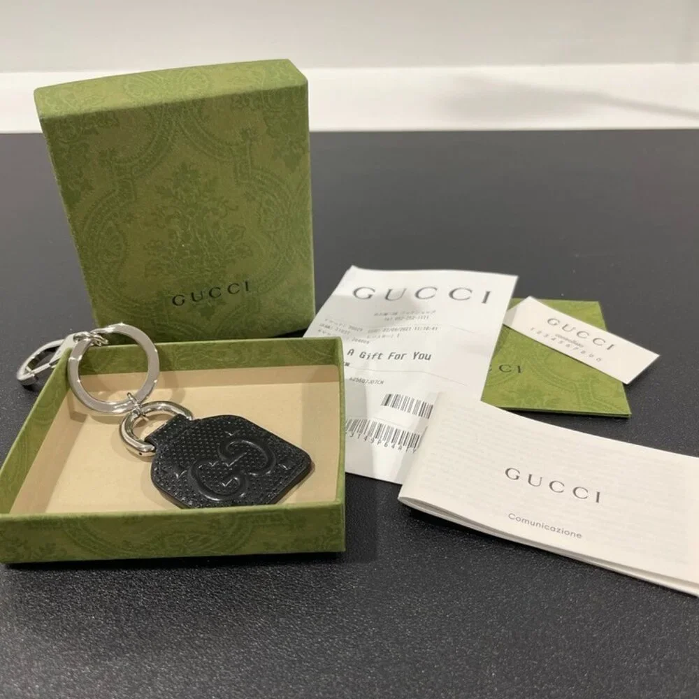 Gucci GG Embossed Black with Silver Hardware Key Chain/Bag Charm (128535)